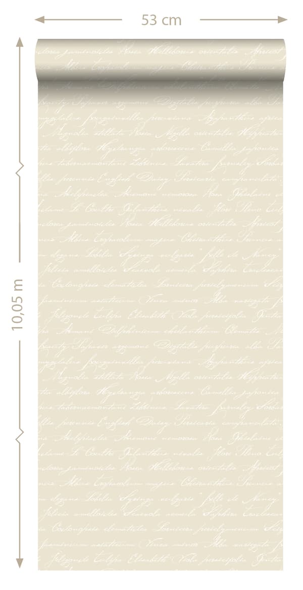 ESTAhome tapet handskrivna blomnamn på latin beige 53 cm x 10,05 m