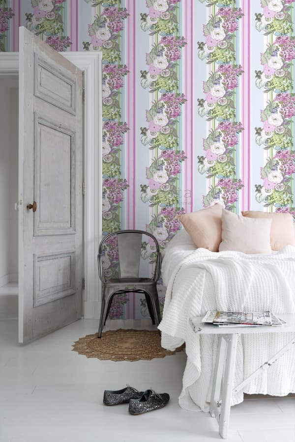 ESTAhome tapet vintage blomster lyserosa og turkis 53 cm x 10,05 m
