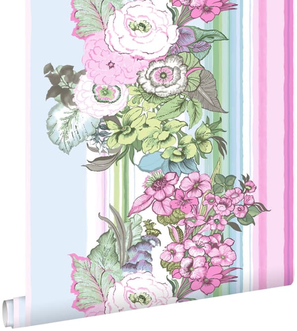 ESTAhome tapet vintage blommor ljusrosa och turkost 53 cm x 10,05 m