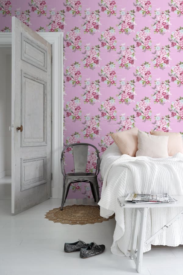 ESTAhome tapet blommor och fåglar rosa - 138120 - 53 cm x 10,05 m