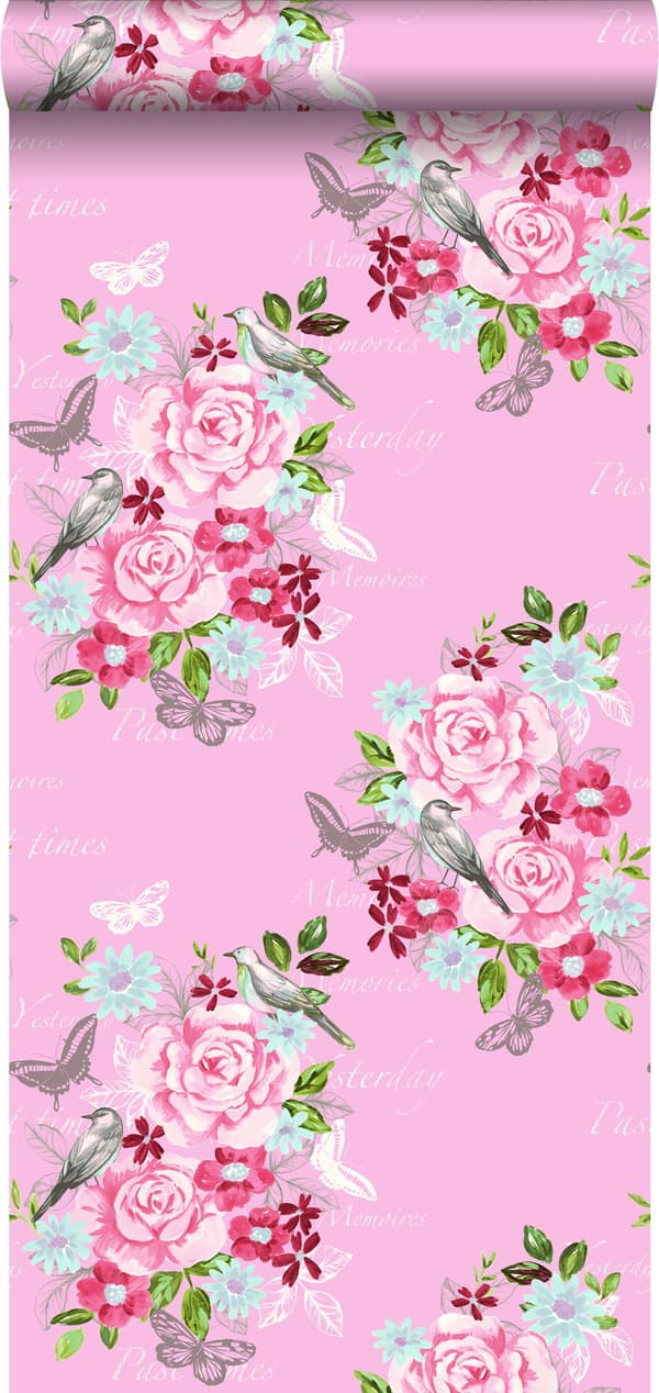 ESTAhome tapet blommor och fåglar rosa - 138120 - 53 cm x 10,05 m