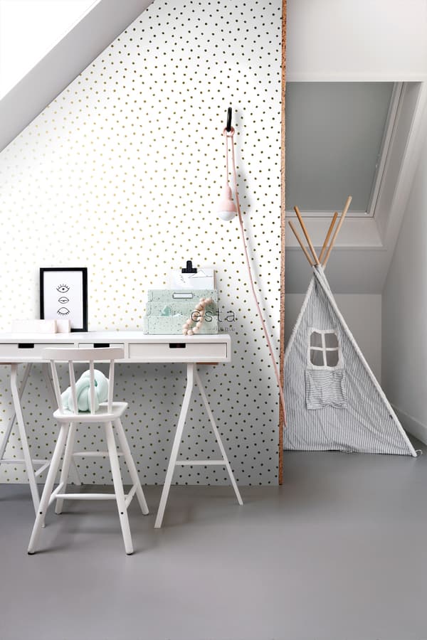 ESTAhome tapet ojämna snöflinge-prickar guldglänsande och vitt 53 cm x 10,05 m