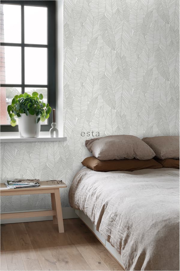ESTAhome tapet handmålade blad varmt grått - 139009 - 0,53 x 10,05 m