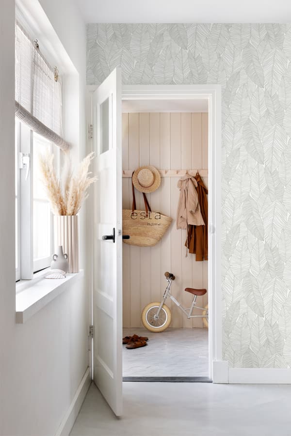 ESTAhome tapet handmålade blad varmt grått - 139009 - 0,53 x 10,05 m