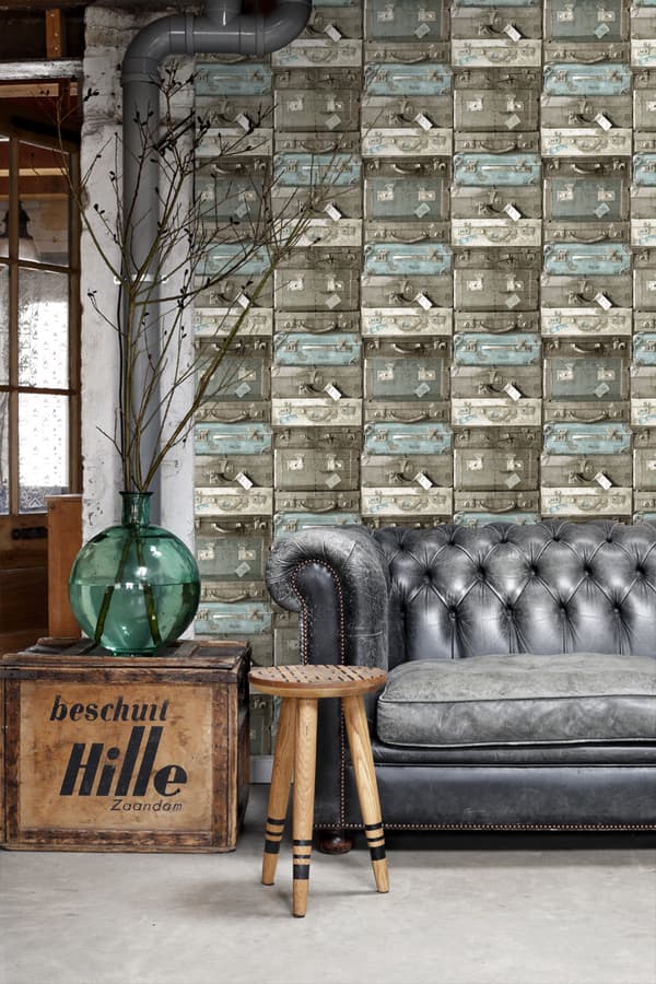 ESTAhome tapet vintage rejsetasker havgrønt og brunt 53 cm x 10,05 m