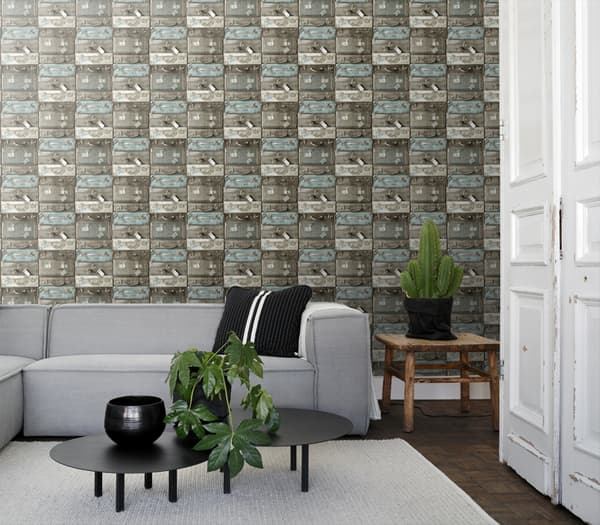 ESTAhome tapet vintage rejsetasker havgrønt og brunt 53 cm x 10,05 m