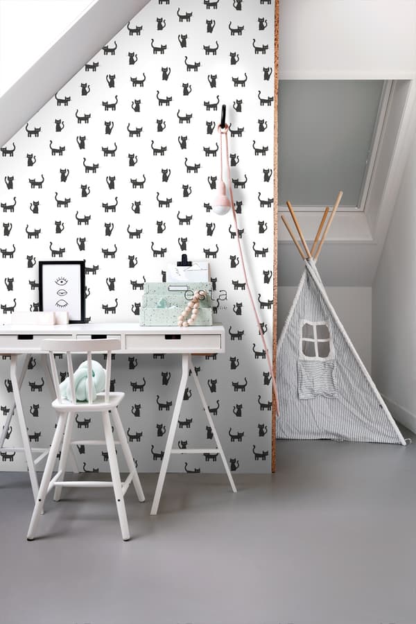 ESTAhome tapet kattekillinger sort og hvidt 53 cm x 10,05 m