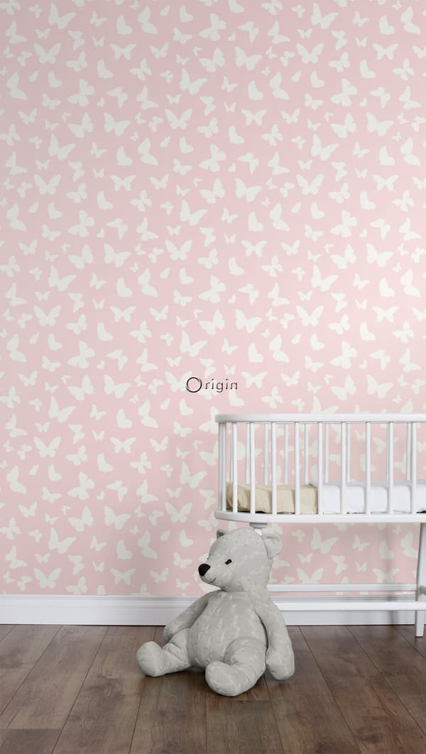 Origin Wallcoverings tapet fjärilar glänsande rosa och vitt 0,53 x 10,05 m