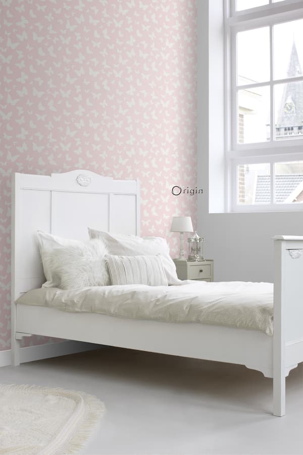 Origin Wallcoverings tapet fjärilar glänsande rosa och vitt 0,53 x 10,05 m