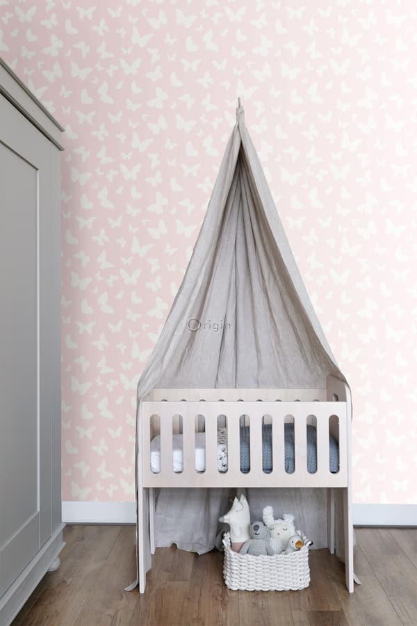 Origin Wallcoverings tapet fjärilar glänsande rosa och vitt 0,53 x 10,05 m