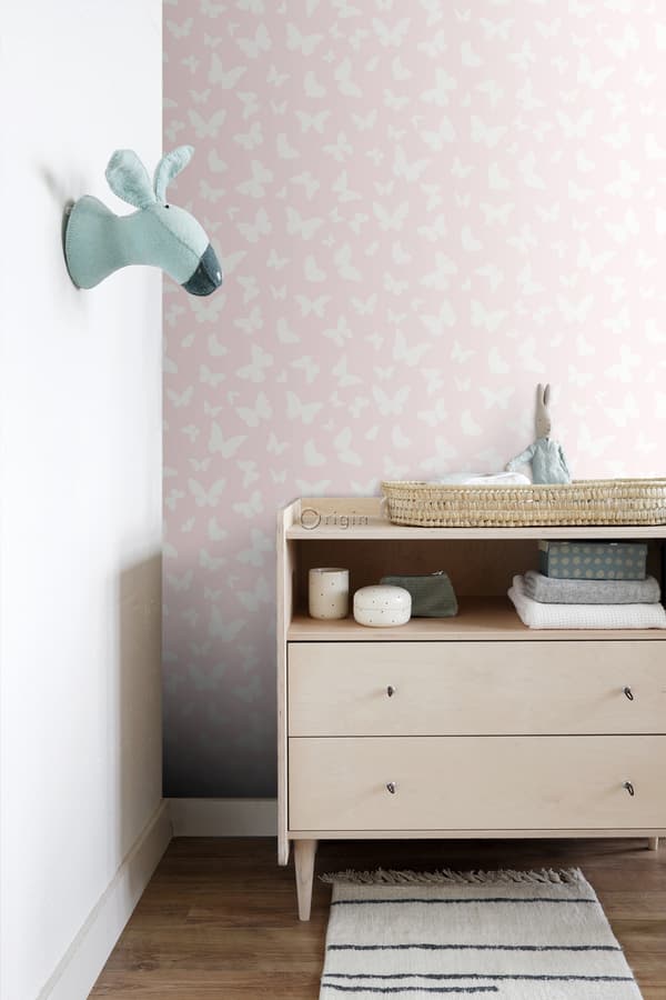 Origin Wallcoverings tapet fjärilar glänsande rosa och vitt 0,53 x 10,05 m