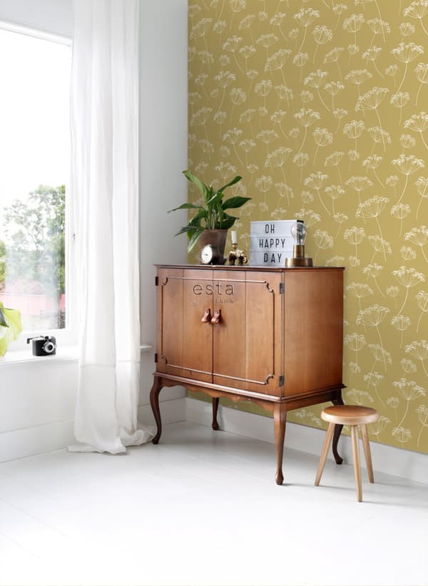 ESTAhome tapet blomflock ockra och vitt 0,53 x 10,05 m