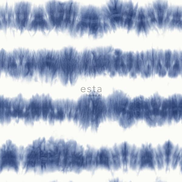 ESTAhome tapet horisontella shibori batikränder indigoblått och matt vitt 53 cm x 10,05 m