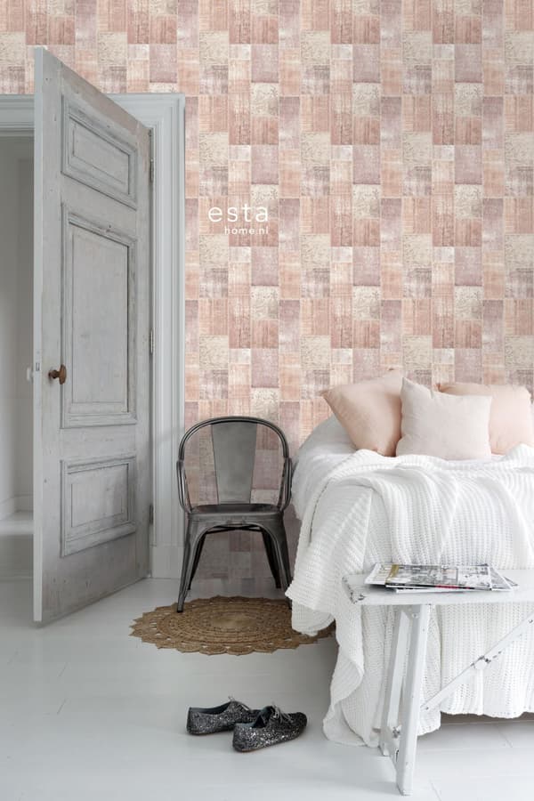 ESTAhome tapet orientalisk matta med Marrakech Kelim-lapptäckesmönster persikofärgat organgerosa 53 cm x 10,05 m