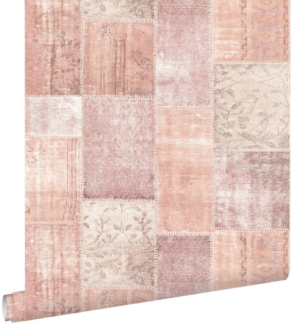 ESTAhome tapet orientalisk matta med Marrakech Kelim-lapptäckesmönster persikofärgat organgerosa 53 cm x 10,05 m