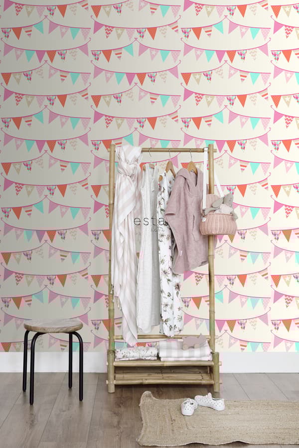 ESTAhome tapet girlanger rosa, turkost och korallrött 53 cm x 10,05 m