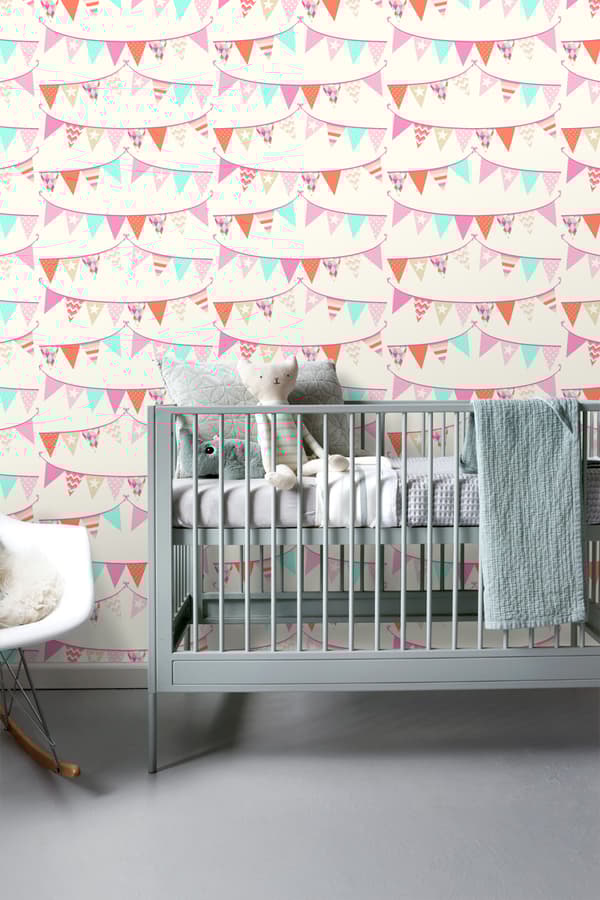 ESTAhome tapet girlanger rosa, turkost och korallrött 53 cm x 10,05 m