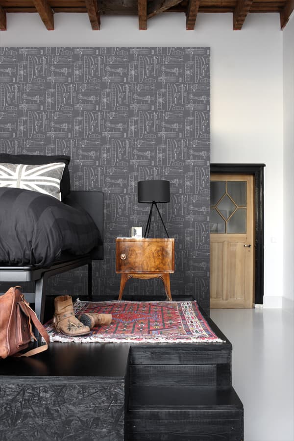 ESTAhome tapet konstruktionsritningar av flygplan mörkgrått 53 cm x 10,05 m