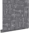 Miniatyrbild 1 av 8: ESTAhome tapet konstruktionsritningar av flygplan mörkgrått 53 cm x 10,05 m