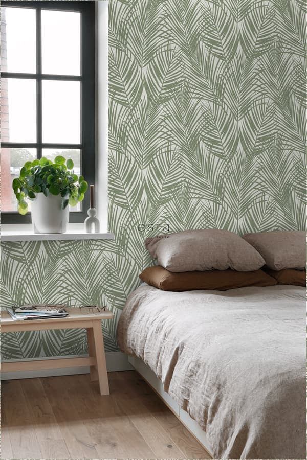 ESTAhome tapet palmblad gråaktigt olivgrönt - 139006 - 0,53 x 10,05 m