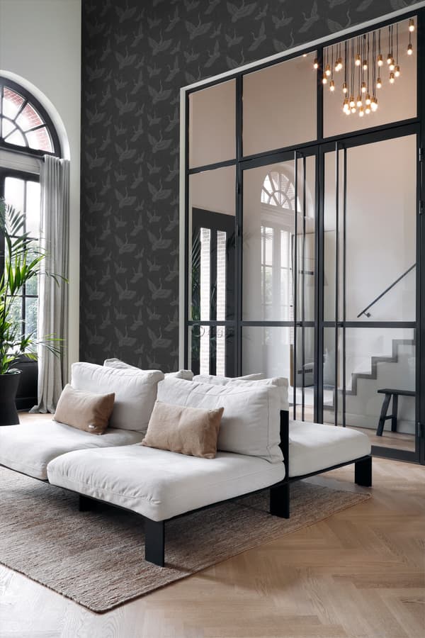 Origin Wallcoverings tapet kranfåglar mörkgrått 0,53 x 10,05 m