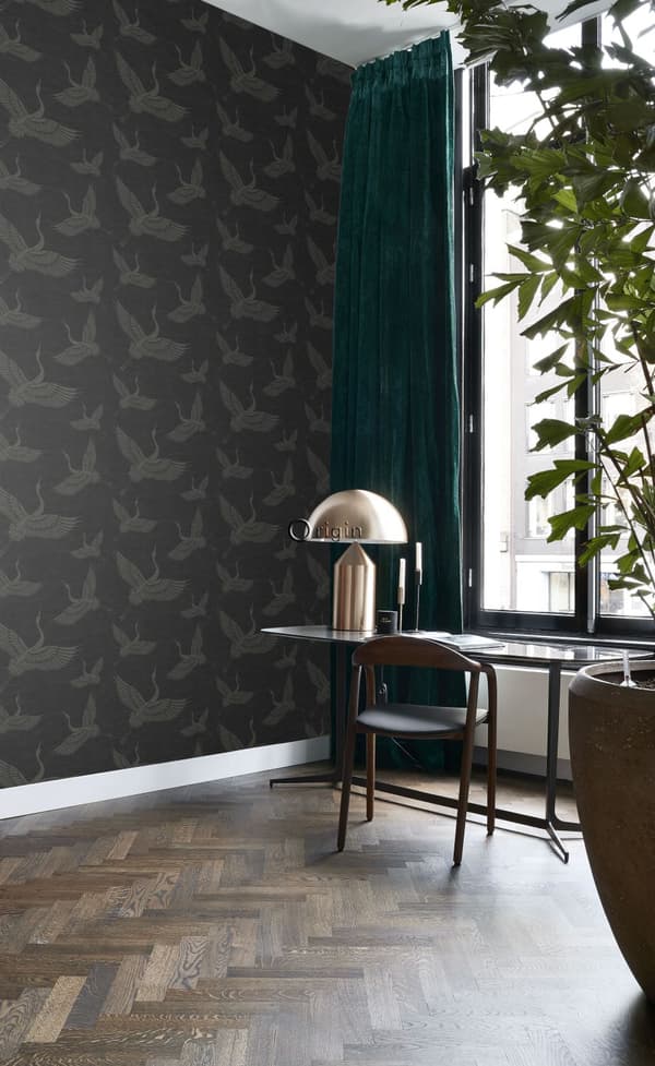 Origin Wallcoverings tapet kranfåglar mörkgrått 0,53 x 10,05 m