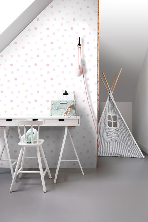 Origin Wallcoverings tapet polkaprickar puderrosa, pastellila och pastellfärgat persika 53 cm x 10,05 m