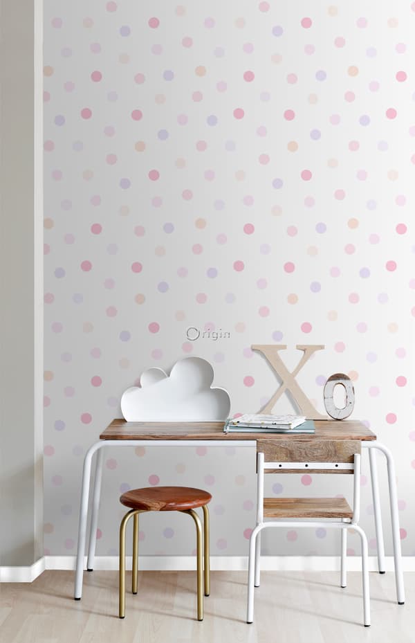 Origin Wallcoverings tapet polkaprickar puderrosa, pastellila och pastellfärgat persika 53 cm x 10,05 m