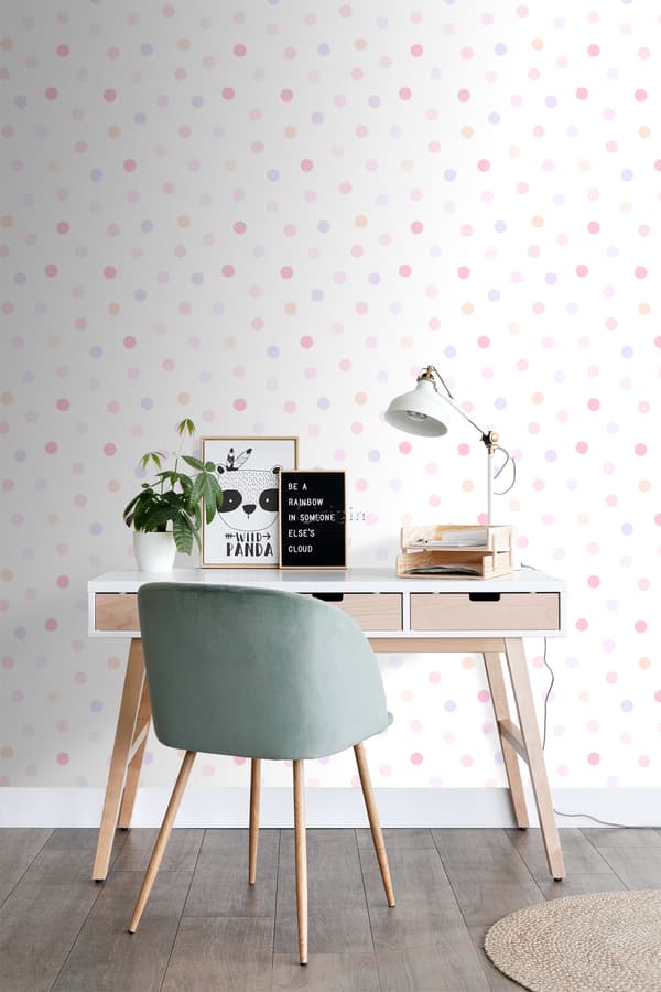 Origin Wallcoverings tapet polkaprickar puderrosa, pastellila och pastellfärgat persika 53 cm x 10,05 m