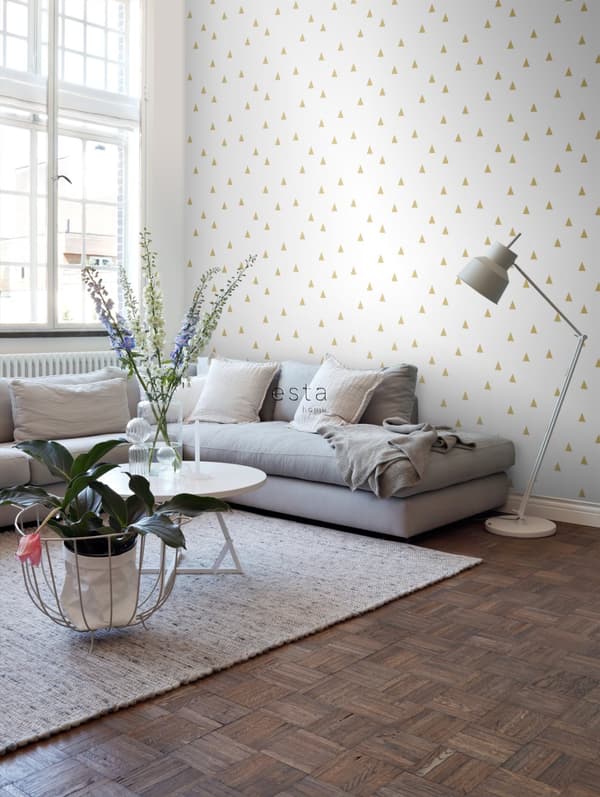 ESTAhome tapet grafiska trianglar guldglänsande och vitt 53 cm x 10,05 m