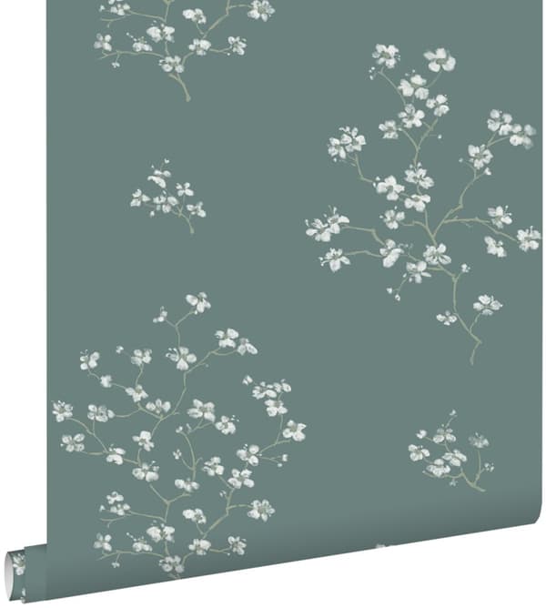 ESTAhome tapet blomstrende grene benzingrønt 0,53 x 10,05 m