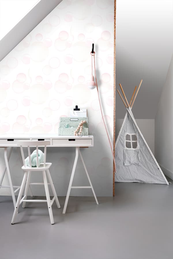 Origin Wallcoverings tapet flytande bubblor matt vitt, puderrosa och pastellfärgat persika 53 cm x 10,05 m