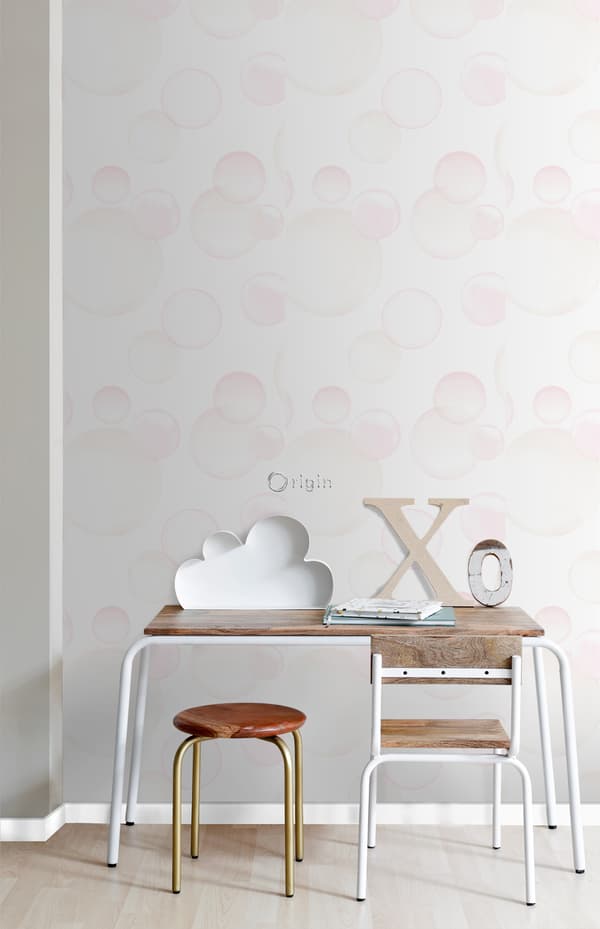 Origin Wallcoverings tapet flytande bubblor matt vitt, puderrosa och pastellfärgat persika 53 cm x 10,05 m