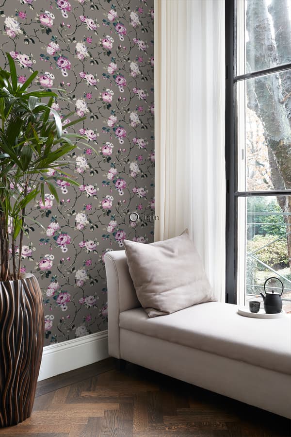 Origin Wallcoverings tapet blommor mullvadsgrått och syrénlila 53 cm x 10,05 m