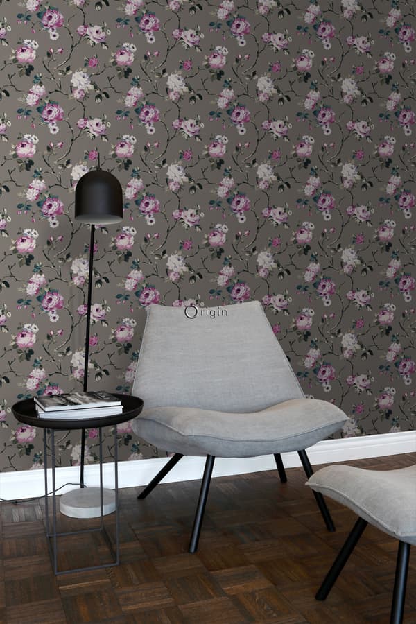 Origin Wallcoverings tapet blommor mullvadsgrått och syrénlila 53 cm x 10,05 m