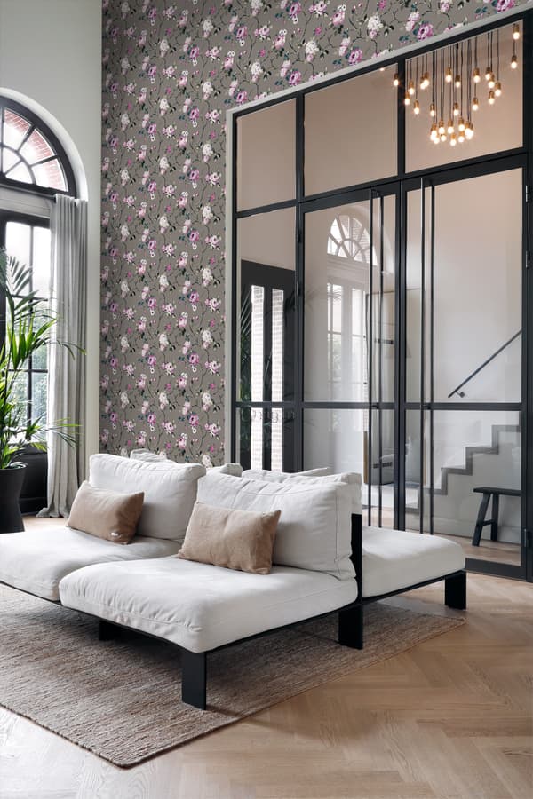 Origin Wallcoverings tapet blommor mullvadsgrått och syrénlila 53 cm x 10,05 m