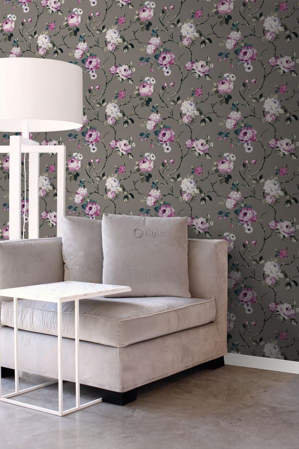 Origin Wallcoverings tapet blommor mullvadsgrått och syrénlila 53 cm x 10,05 m