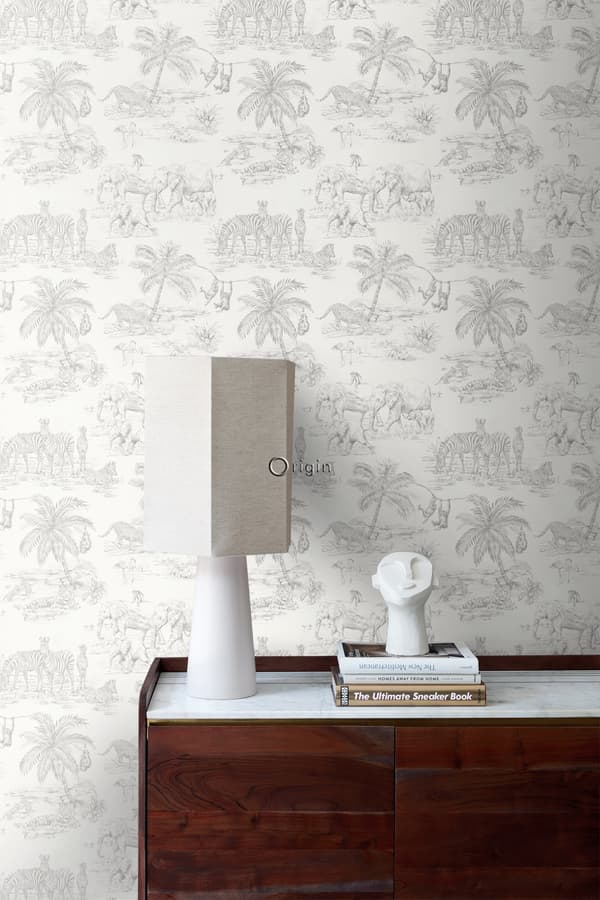 Origin Wallcoverings tapet djungeldjur glänsande vitt och silvergrå 0,53 x 10,05 m