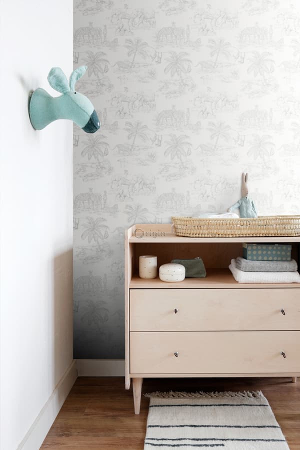 Origin Wallcoverings tapet djungeldjur glänsande vitt och silvergrå 0,53 x 10,05 m