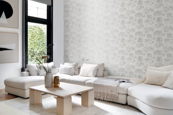 Origin Wallcoverings tapet djungeldjur glänsande vitt och silvergrå 0,53 x 10,05 m
