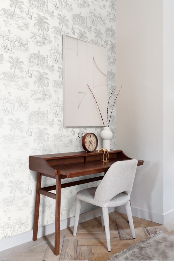 Origin Wallcoverings tapet djungeldjur glänsande vitt och silvergrå 0,53 x 10,05 m