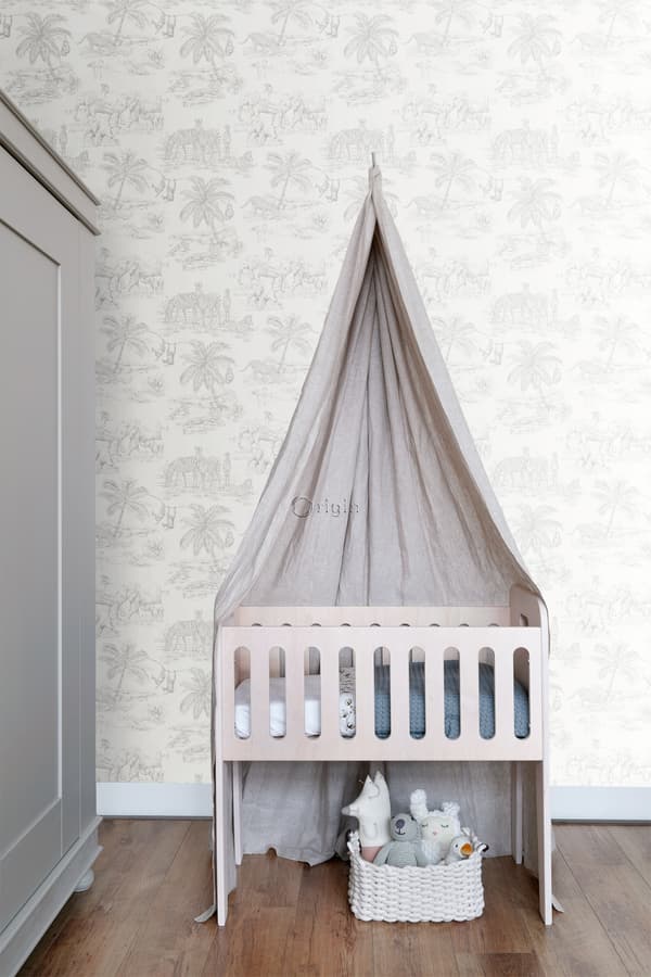 Origin Wallcoverings tapet djungeldjur glänsande vitt och silvergrå 0,53 x 10,05 m