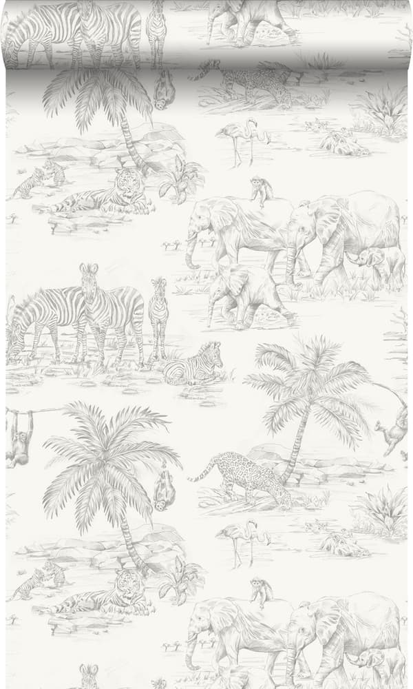 Origin Wallcoverings tapet djungeldjur glänsande vitt och silvergrå 0,53 x 10,05 m