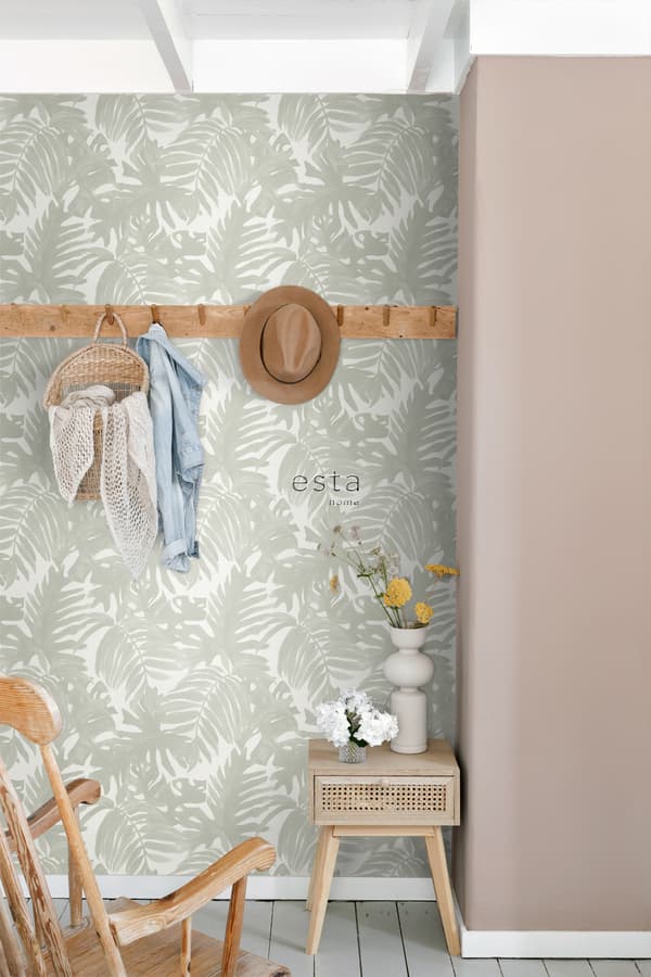 ESTAhome tapet tropiska blad ljusgrått - 138989 - 0,53 x 10,05 m