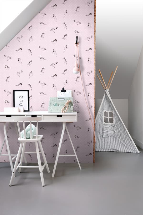 ESTAhome tapet fåglar milt rosa 53 cm x 10,05 m