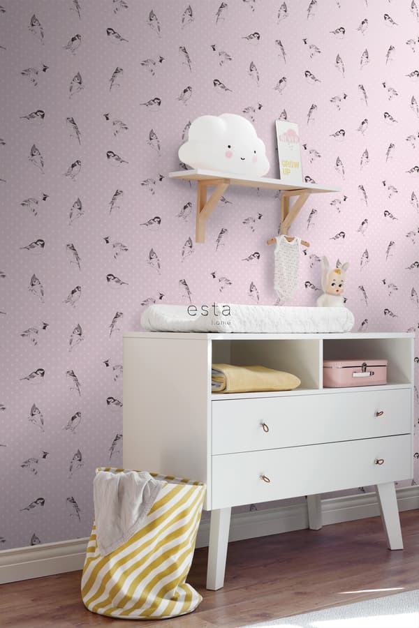 ESTAhome tapet fåglar milt rosa 53 cm x 10,05 m