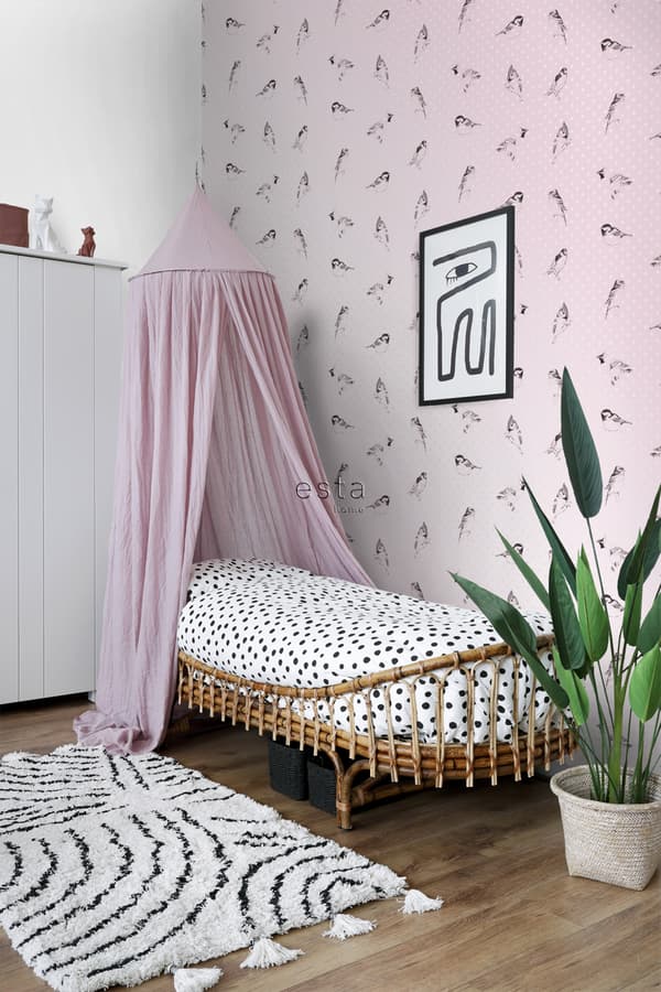 ESTAhome tapet fåglar milt rosa 53 cm x 10,05 m