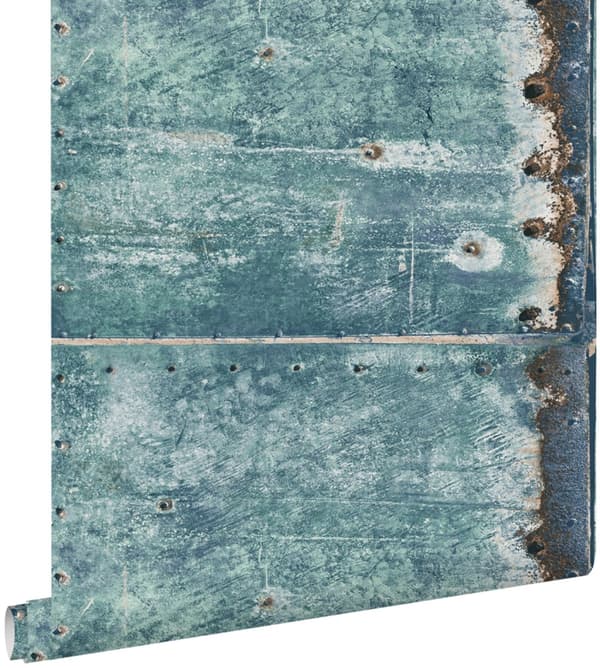 ESTAhome tapet metalplader turkis og rustbrunt 53 cm x 10,05 m