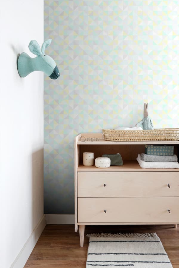 Origin Wallcoverings tapet trekanter mintgrønt, pastelgult, pastelblåt, varmt lysegråt og skinnende sølvgråt 53 cm x 10,05 m