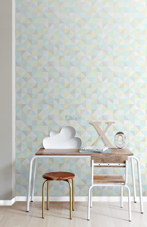 Origin Wallcoverings tapet trekanter mintgrønt, pastelgult, pastelblåt, varmt lysegråt og skinnende sølvgråt 53 cm x 10,05 m